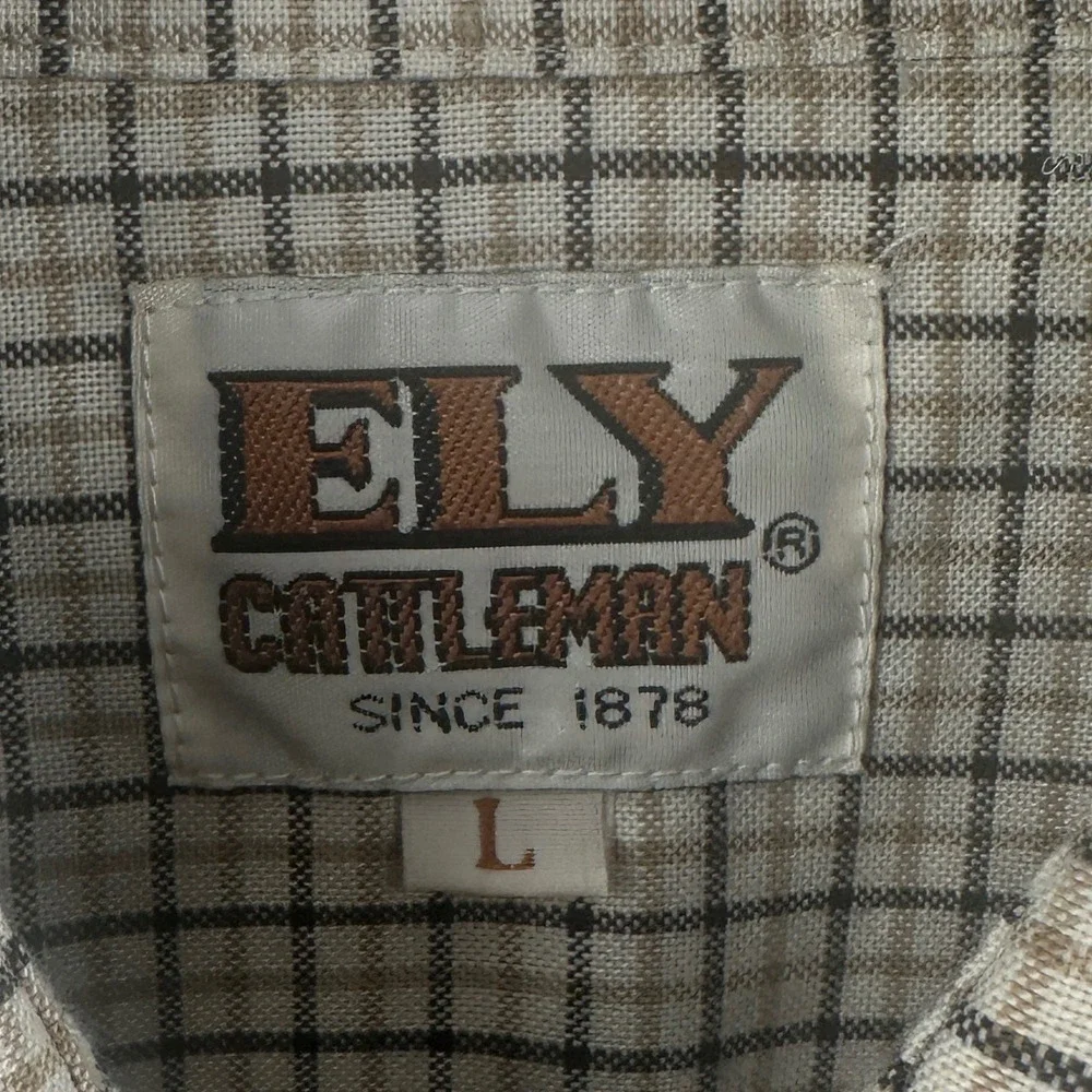 Ely Cattleman Shirt Men L Tan Plaid Regular Fit Western Pearl Snap Short Sleeve